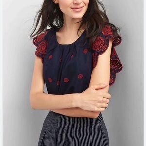 GAP Navy Top with Red Embroidered Flutter Sleeves